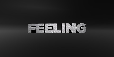 FEELING - hammered metal finish text on black studio - 3D rendered royalty free stock photo. This image can be used for an online website banner ad or a print postcard.