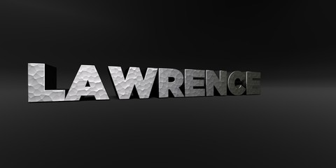 LAWRENCE - hammered metal finish text on black studio - 3D rendered royalty free stock photo. This image can be used for an online website banner ad or a print postcard.