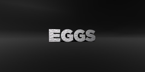 EGGS - hammered metal finish text on black studio - 3D rendered royalty free stock photo. This image can be used for an online website banner ad or a print postcard.