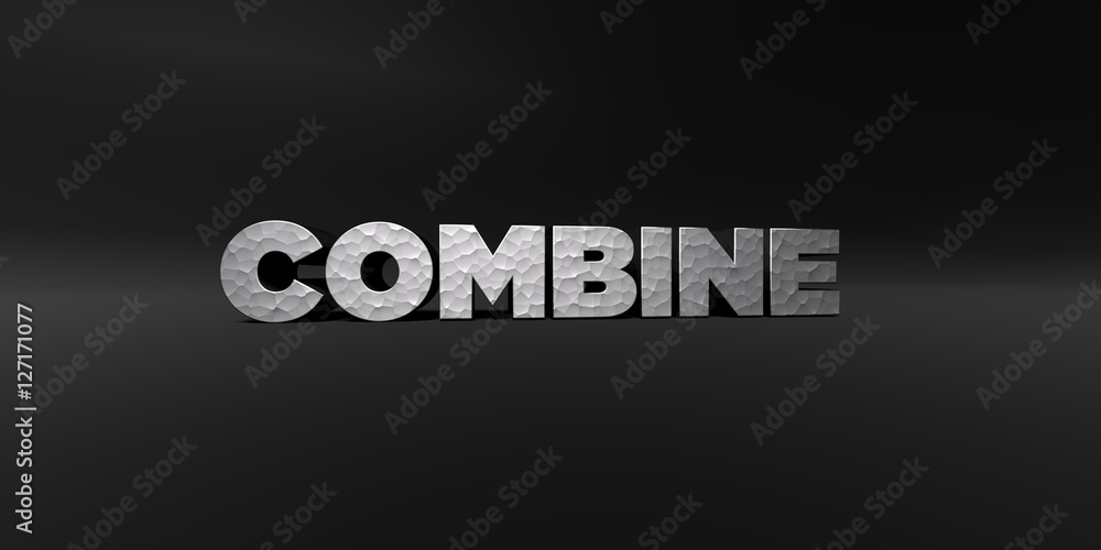 Fototapete COMBINE - hammered metal finish text on black studio - 3D rendered royalty free stock photo. This image can be used for an online website banner ad or a print postcard.