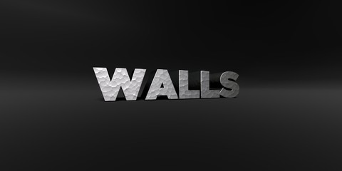 WALLS - hammered metal finish text on black studio - 3D rendered royalty free stock photo. This image can be used for an online website banner ad or a print postcard.