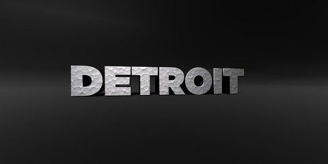 DETROIT - hammered metal finish text on black studio - 3D rendered royalty free stock photo. This image can be used for an online website banner ad or a print postcard.