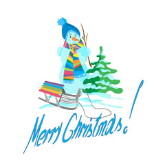 Christmas tree with snowman and sled on a white background