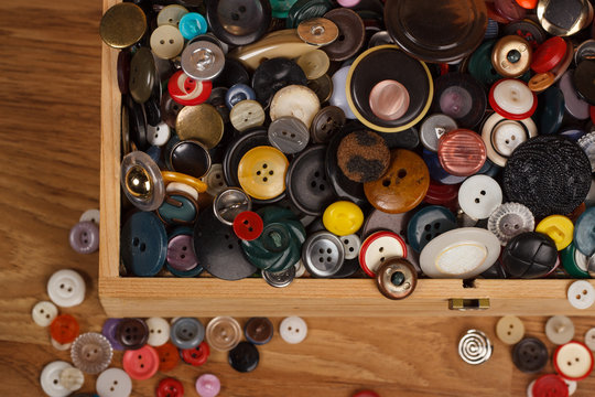 Many buttons with different shapes and colors