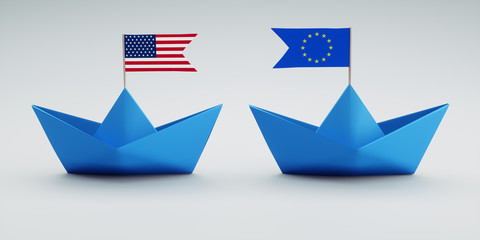 Papierschiffchen mit Fähnchen USA - Europa