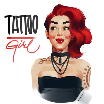 Illustration of woman with a red hair and tattoo on her neck. Pin-up style. Tattoo studio advertising.