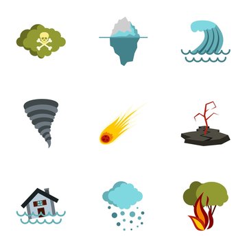 Natural emergency icons set. Flat illustration of 9 natural emergency vector icons for web