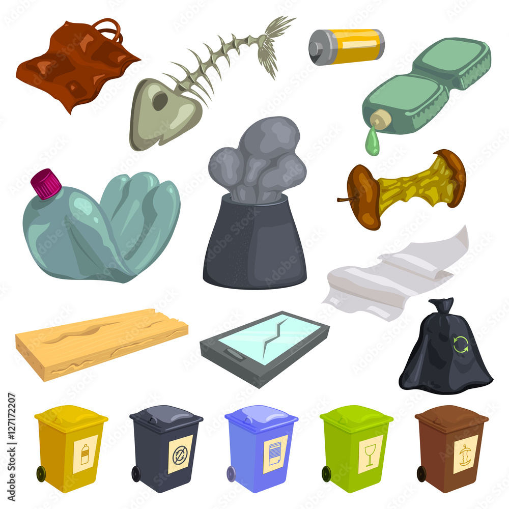 Poster garbage icons set. cartoon illustration of 16 garbage vector icons for web