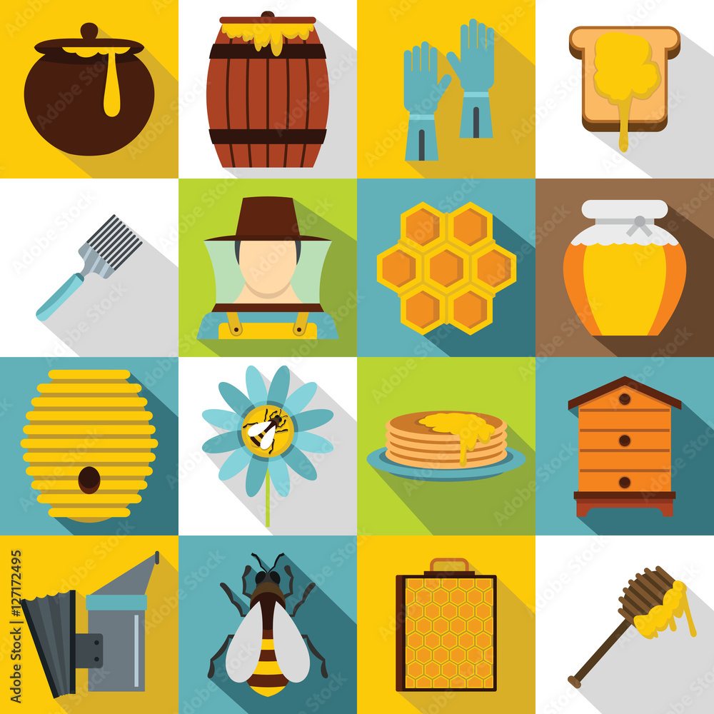 Poster apiary tools icons set. flat illustration of 16 apiary tools vector icons for web