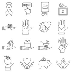 Charity icons set. Flat illustration of 16 charity vector icons for web