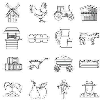 Farm icons set. Outline illustration of 16 farm vector icons for web