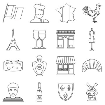 France travel icons set. Outline illustration of 16 France travel vector icons for web