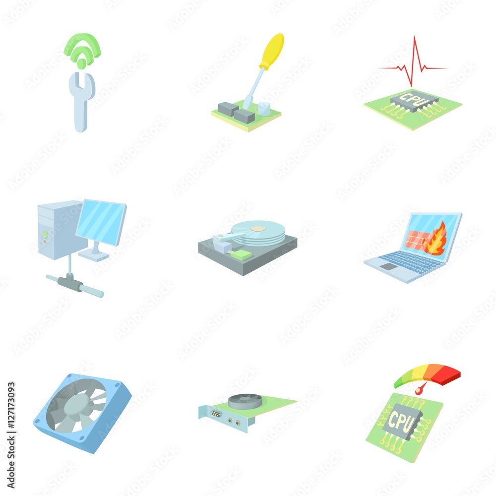 Poster Computer setup icons set. Cartoon illustration of 9 computer setup vector icons for web