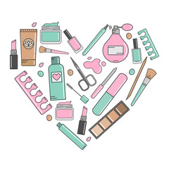Fototapeta na wymiar Vector background of cosmetics and tools for manicure. Heart of cosmetics isolated on a white background.