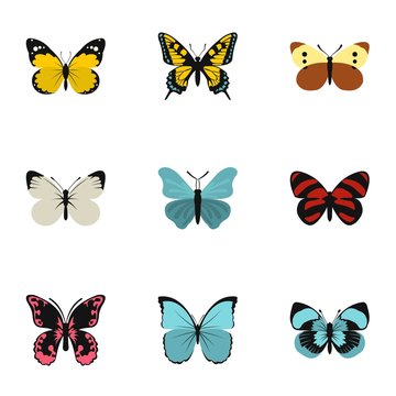 Flying butterfly icons set. Flat illustration of 9 flying butterfly vector icons for web