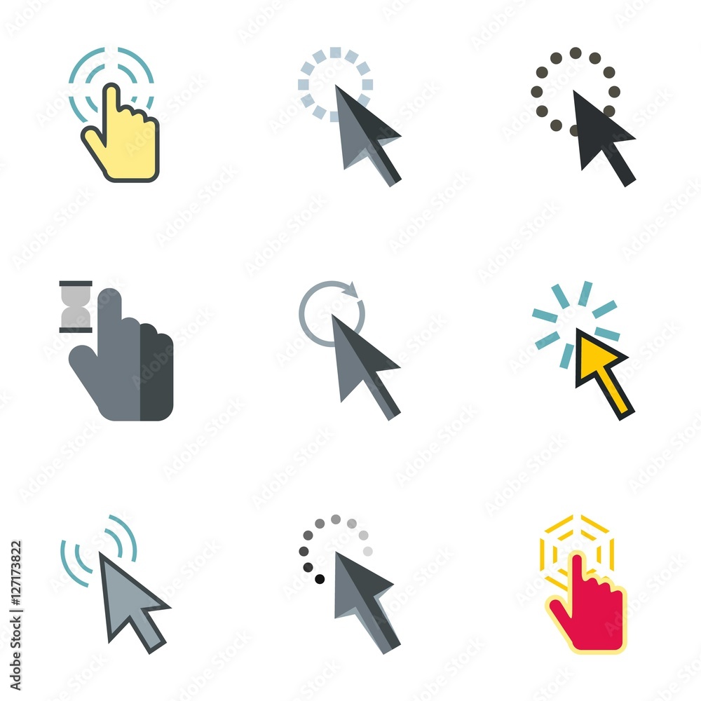 Poster types of arrows icons set. flat illustration of 9 types of arrows vector icons for web
