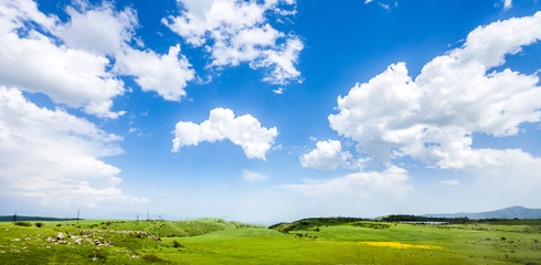 Green meadow, hills and blue sky with clouds. Exploring Armenia