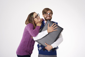 The owner of briefcase is geek man .