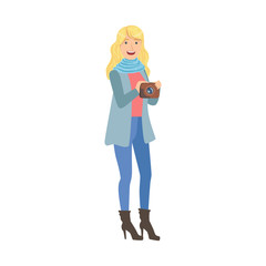 Blond Girl Tourist Taking Pictures With Photo Camera Illustration