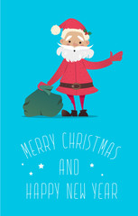 Santa Claus with a bag of gifts waving.New Year illustration. New Year character. Vector illustrations