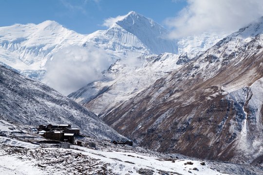 View of Annapurna III and Gangnapurna from Jharsang Khola Valley, Annapurna Circuit, Manang, Nepal