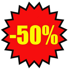Discount 50 percent off. 3D illustration on white background.