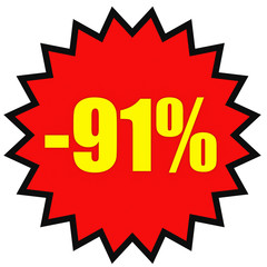 Discount 91 percent off. 3D illustration on white background.