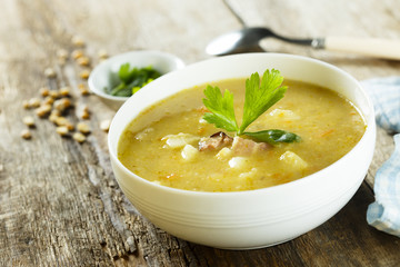 Pea and lentil soup with smoked meat