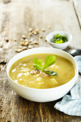 Pea and lentil soup with smoked meat