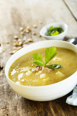 Pea and lentil soup with smoked meat