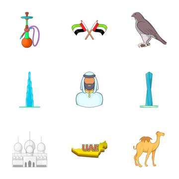 State of UAE icons set. Cartoon illustration of 9 state of UAE vector icons for web