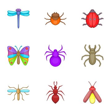 Varieties of insects icons set. Cartoon illustration of 9 varieties of insects vector icons for web