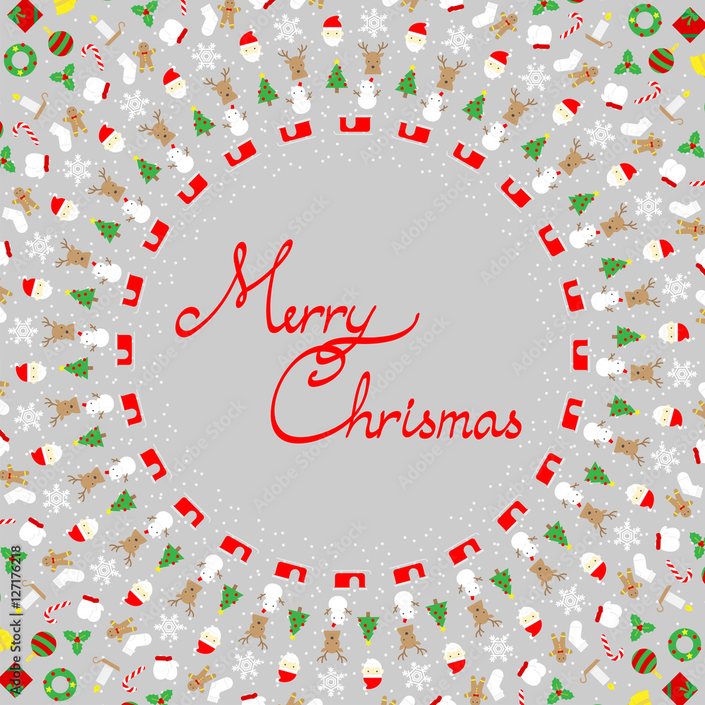 Poster christmas icon set pattern circle shape isolated on grey color background, with merry christmas text
