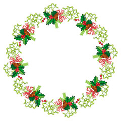 Round frame in shape of wreath with mistletoe. Holly berry, pine cones, bows. 