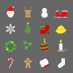 Christmas icons set flat color design set isolated on dark grey color background