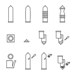 Condom icons illustration silhouette outline set black and white color flat design isolated on white background - 127176470