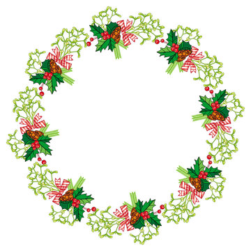 Round frame in shape of wreath with mistletoe. Holly berry, pine cones, bows. 