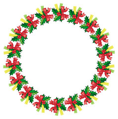 Round frame in shape of wreath with holly berry. Copy space. Christmas decoratio