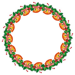 Round frame in shape of wreath with holly berry and jingle bells. Copy space. 