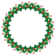 Round frame in shape of wreath with holly berry. Copy space. 