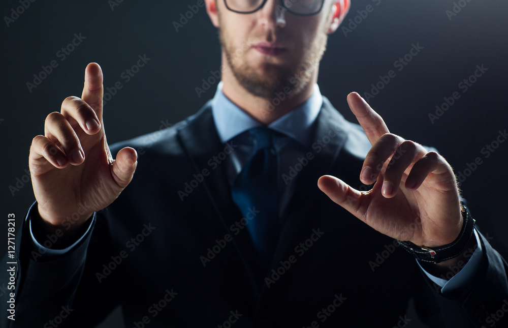 Sticker close up of businessman touching virtual screen