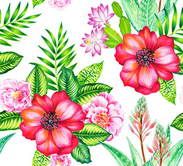 seamless pattern with rose, camellia, succulents.