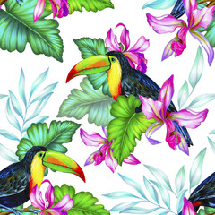 toucan and orchids, tropical seamless patern. - 127178245