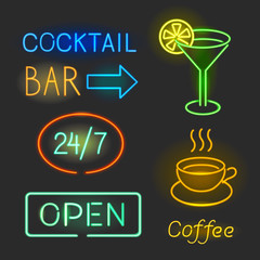 Colorful glowing neon lights graphic designs for cafe and bar signs on black background.