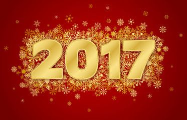 Happy new year card 2017 with snowflakes on red background