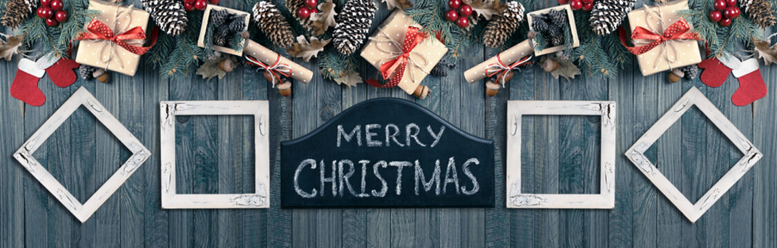 Christmas banner with photo frames, spruce, gift box, Santa Clau