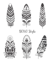 Set of Decorative Bird Feather for Boho Style. Vector.
