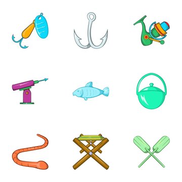 Fishing sport icons set. Cartoon illustration of 9 fishing sport vector icons for web