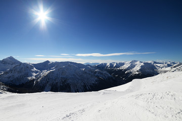 winter going over the high mountain and paths from skies and snowboard covered by snow - Tatra...