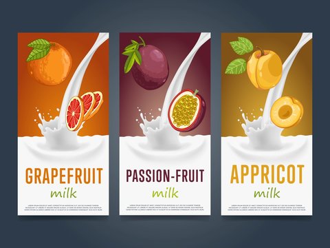 Milkshake concept with milk splash and fruit vector illustration. Milk dessert, yogurt, fruit mix, cocktail drink, fruit smoothie with grapefruit, passion fruit, apricot packaging. Dairy product.